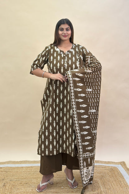 Premium Cotton Bagru Print Straight Kurti Set with Semi Palazzo & Mulmul Cotton Dupatta