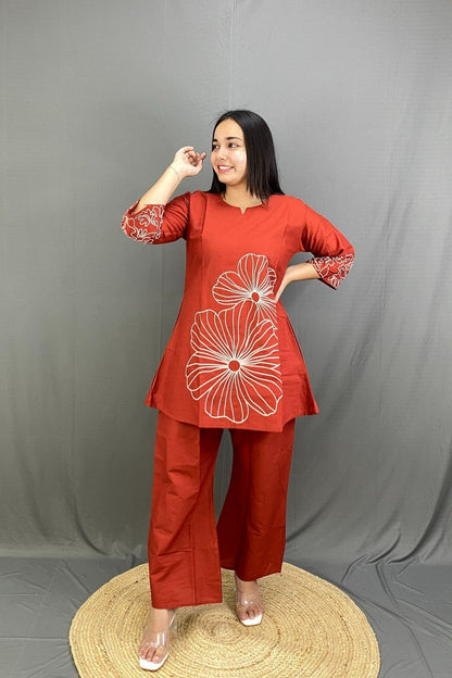 Premium Cotton Rust A-Line Co-ord Set with Elegant White Floral Embroidery