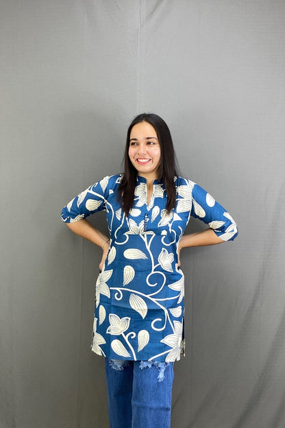 Sky Blue Short Cotton Kurti with White Floral Print