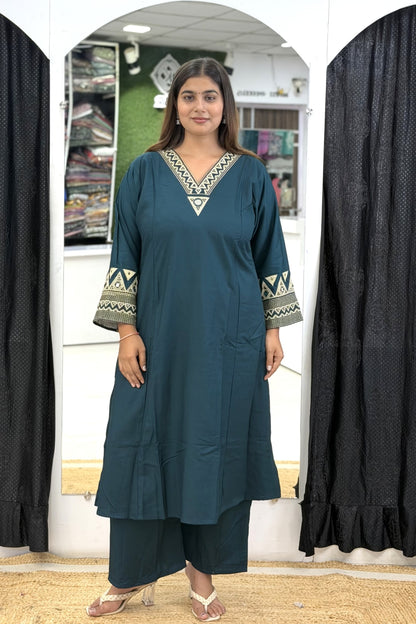 Suvi Slub Cotton A-Line Kurta Set with Geometric Embroidery & Wide Pants