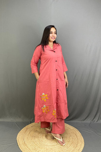 Coral Pink Premium Cotton A-Line Kurti Plazo Co-ord Set with Side Pocket & Floral Embroidery