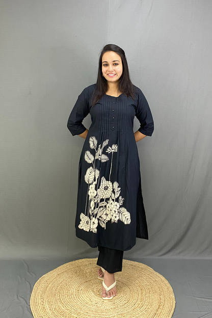 Pure Cotton Pleated A-Line Kurta Set with Hand-Embellished Floral Digital Print