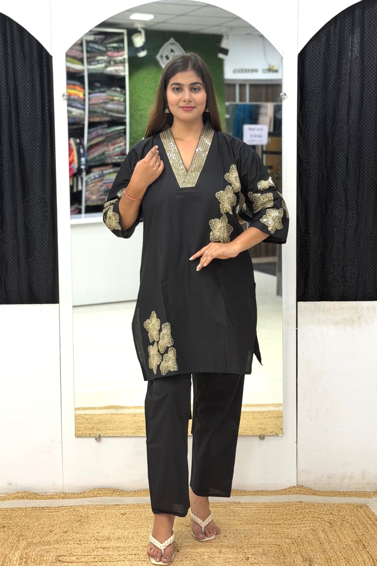 Premium Cotton Short Kurti Cord Set with Gold Tikki Work, Floral Embroidery & Palazzo Pants