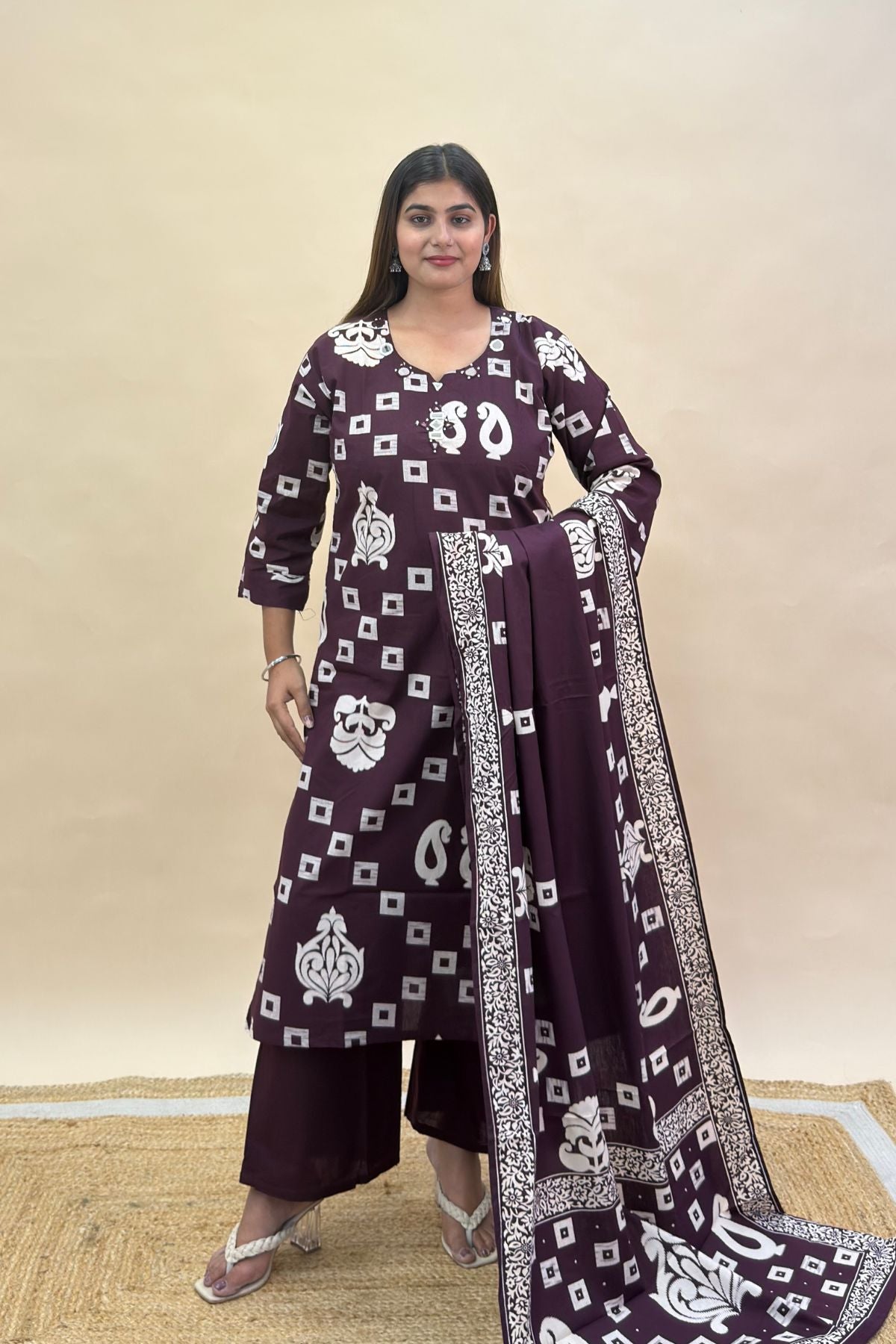 Premium Cotton Kurta Set with Abhala Mirror Work, Semi Palazzo Pant & Mulmul Printed Dupatta