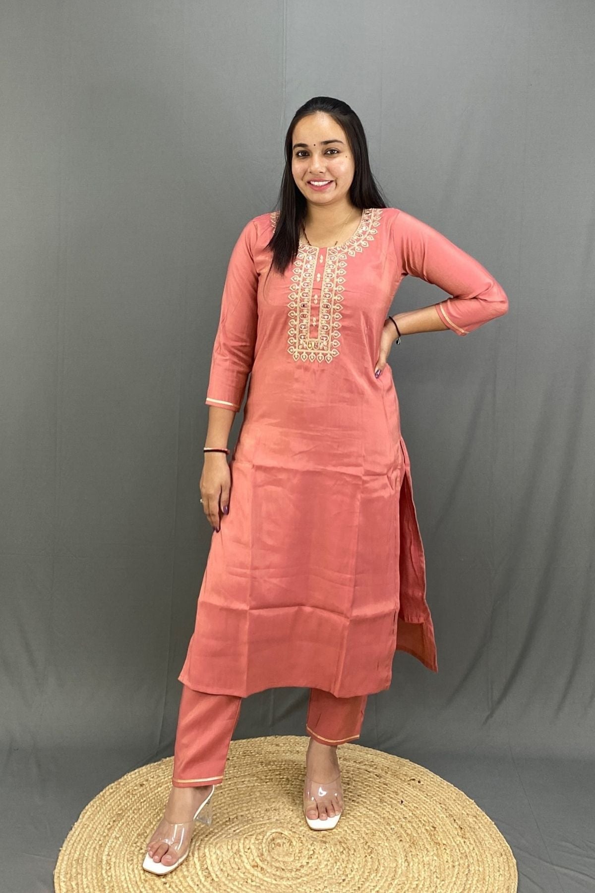 Luxury Roman Silk Kurti Pant Set with Intricate Zari Neckline & Floral Organza Dupatta