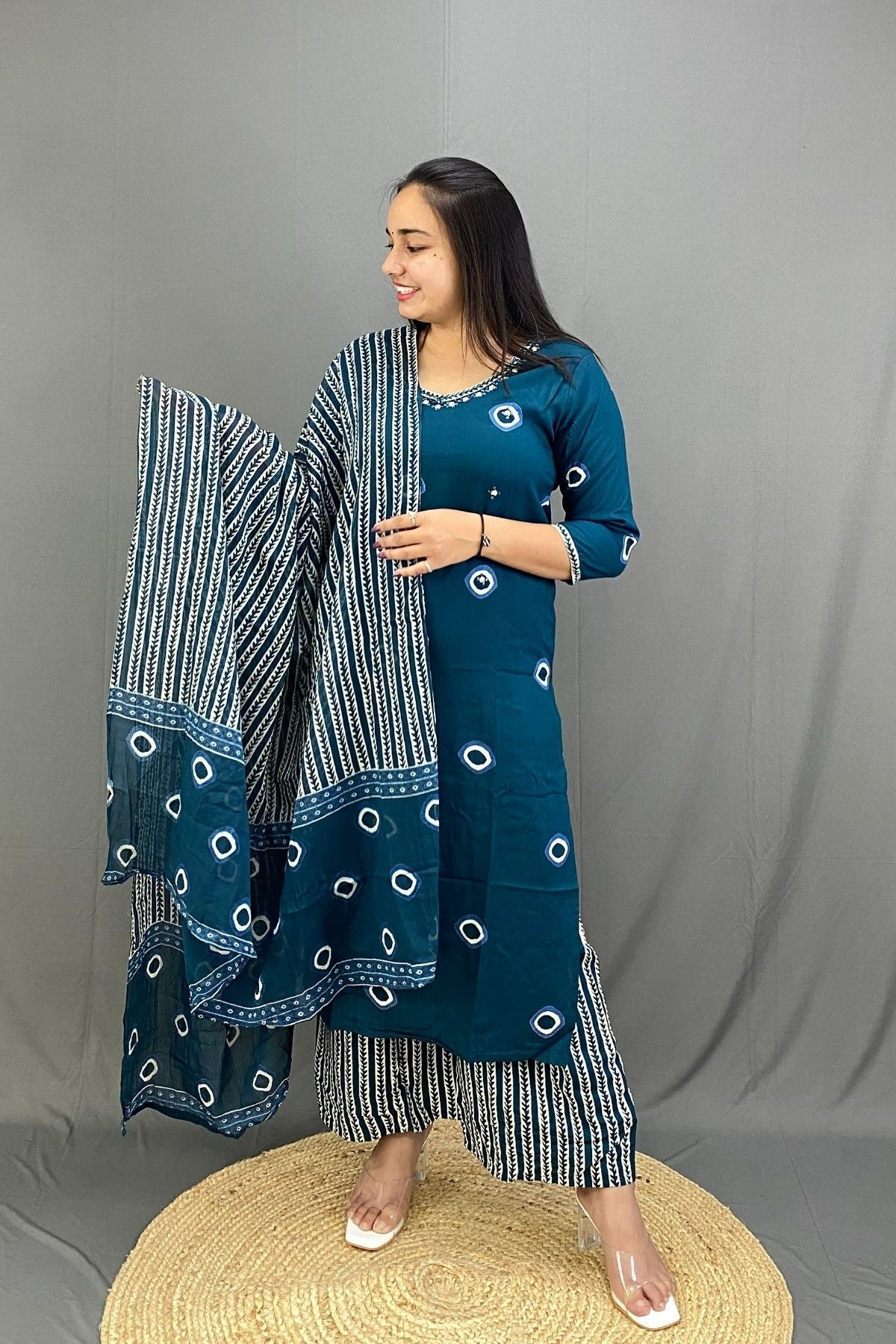 Pure Cotton Royal Blue Kurti Palazzo Set with Dupatta