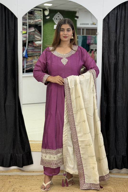 Roman Silk Full Flared Anarkali Suit Set with Zari & Sequin Embroidery Dupatta