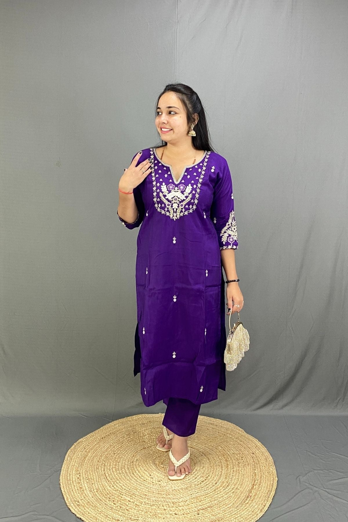Roman Silk Kurti Set with Zari-Tikki Work over Neckline and Sleeves with Banarasi Style Dupatta