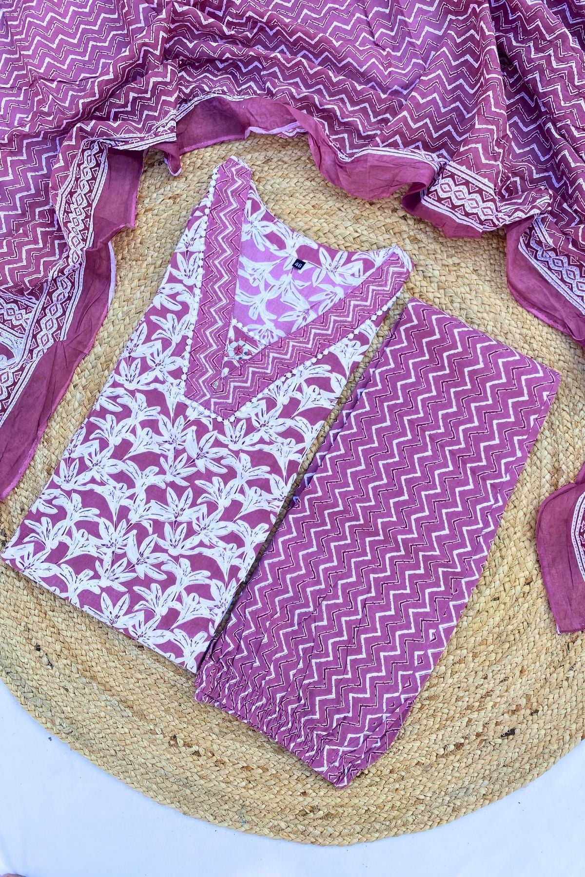 Plus Size Premium Cotton Pink Floral Print V-Neck Kurti Pant Set with & Dupatta