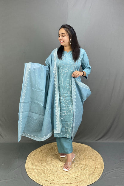 Sky Blue Cotton Dress with Mulmul Dupatta and White Hand Embroidery