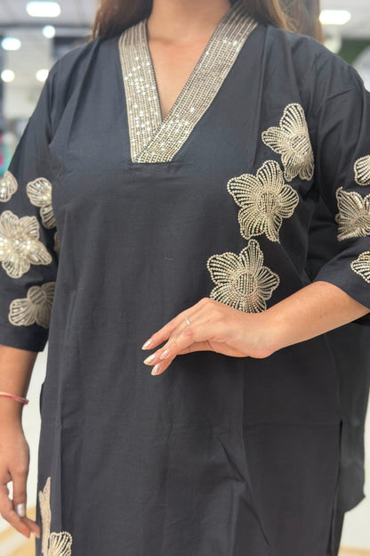 Premium Cotton Short Kurti Cord Set with Gold Tikki Work, Floral Embroidery & Palazzo Pants