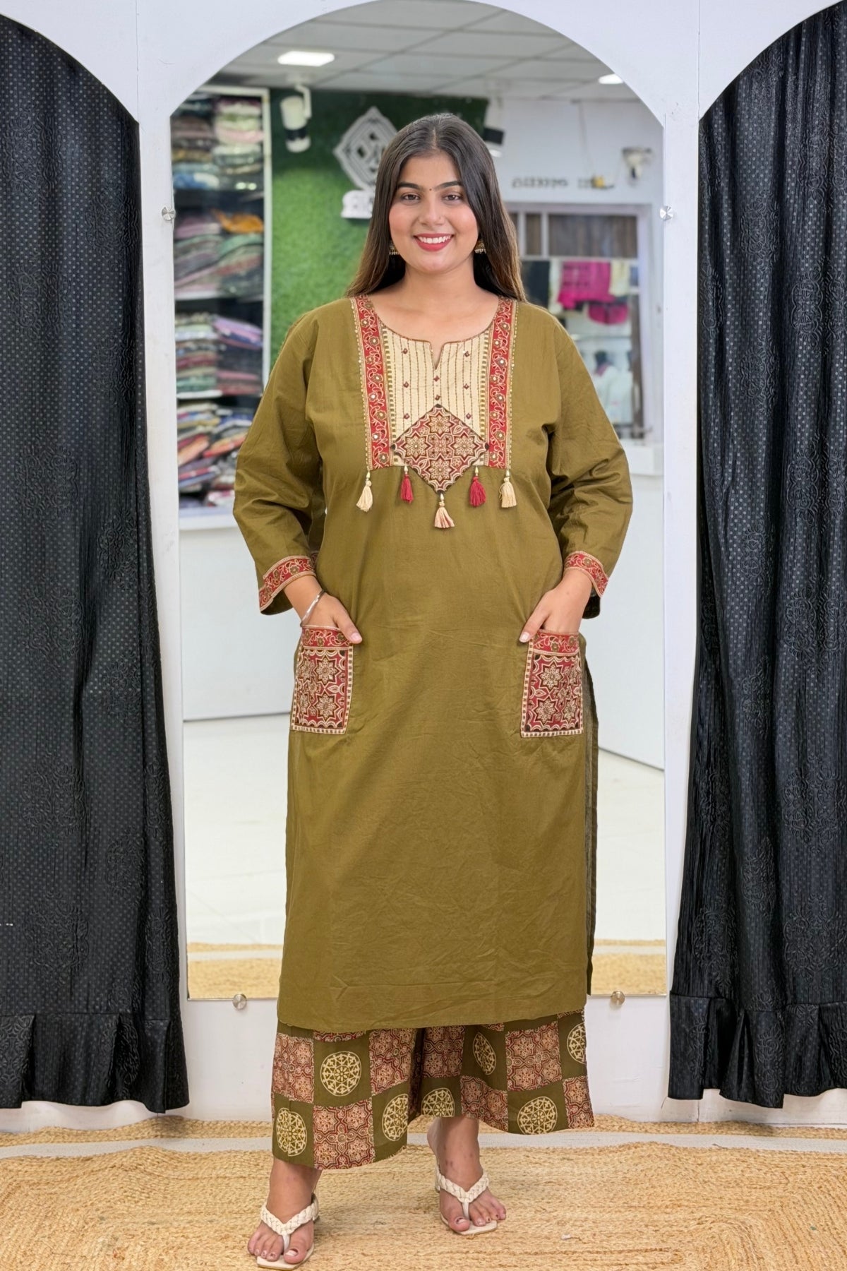 Plus Size Pure Cotton Kurta Palazzo Dupatta Set with Ajrak Patch Wor