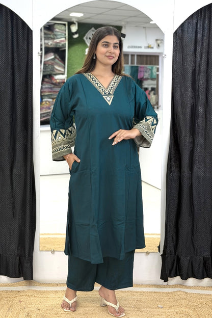 Suvi Slub Cotton A-Line Kurta Set with Geometric Embroidery & Wide Pants