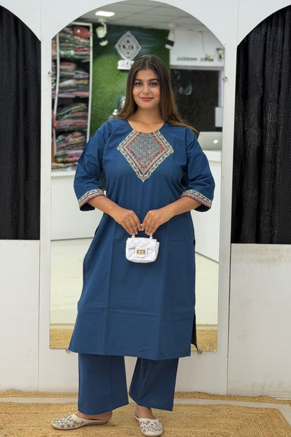 Premium Cotton Kurti Pant Co-ord Set with Multicolor Thread Work | Elegant Office Wear
