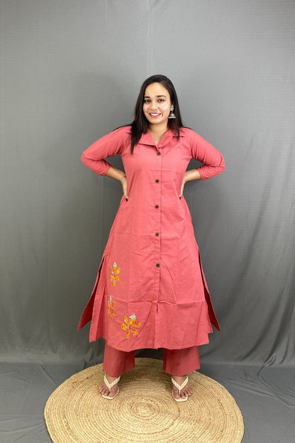 Coral Pink Premium Cotton A-Line Kurti Plazo Co-ord Set with Side Pocket & Floral Embroidery