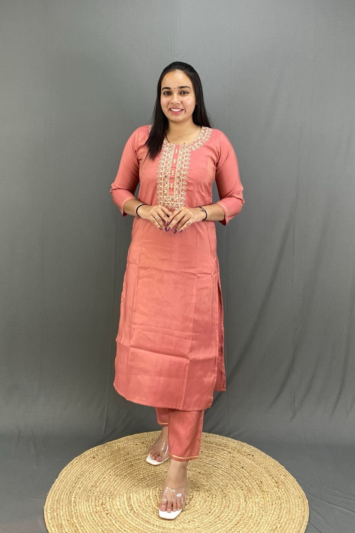 Luxury Roman Silk Kurti Pant Set with Intricate Zari Neckline & Floral Organza Dupatta