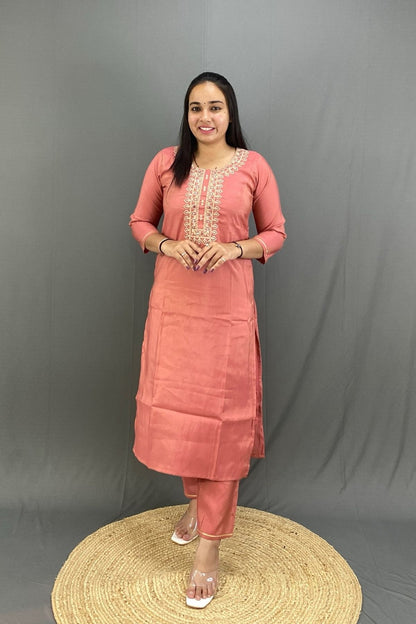 Luxury Roman Silk Kurti Pant Set with Intricate Zari Neckline & Floral Organza Dupatta