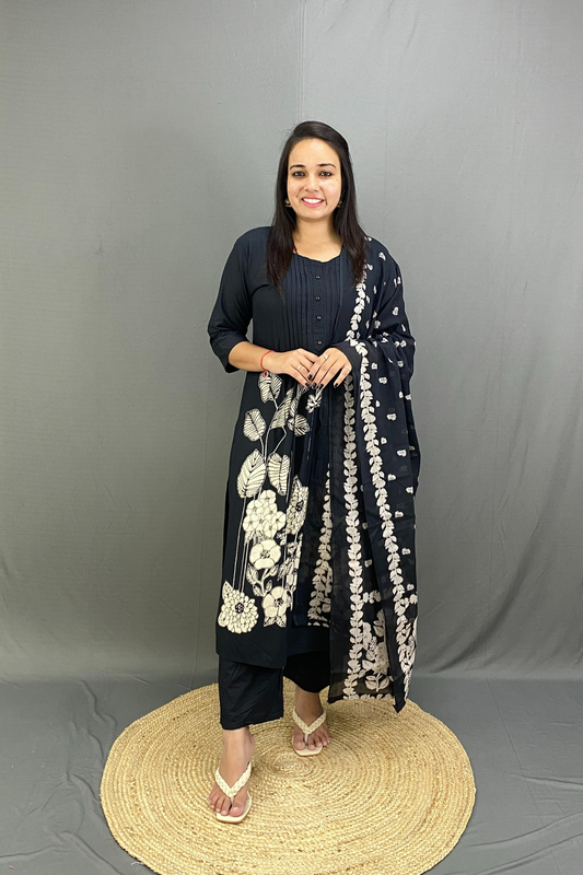 Pure Cotton Pleated A-Line Kurta Set with Hand-Embellished Floral Digital Print