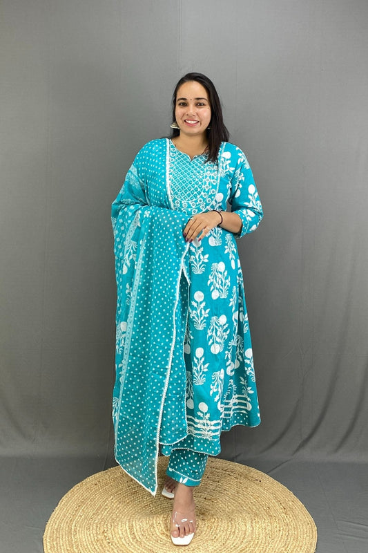 Premium Cotton Aasmani Blue Floral Anarkali Kurti Pant Set with Elegant Mirror & Lace Work