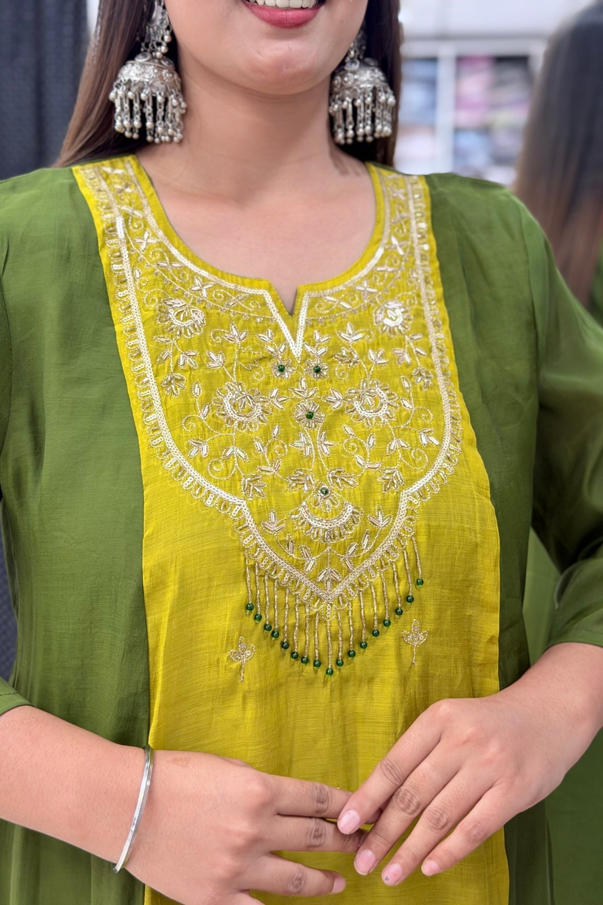 Plus Size Mul Chanderi Anarkali Kurta Pant Dupatta Set with Cutdana & Beadwork