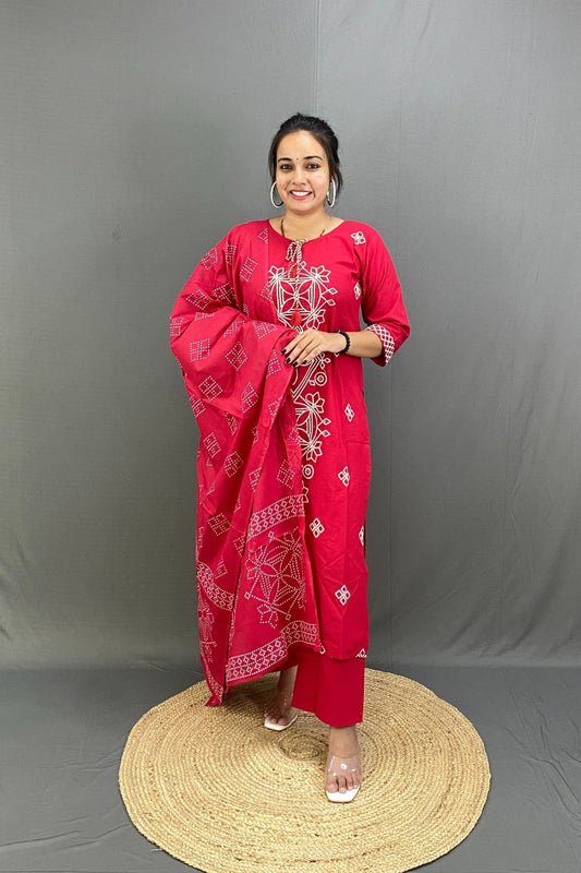Premium Cotton Red Kurti Pant Dupatta Set with White Embroidery, Elegant Ethnic Wear