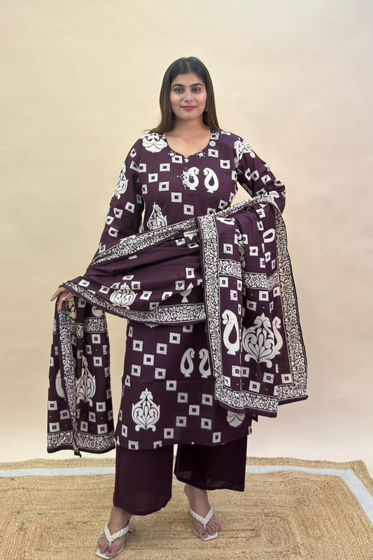 Premium Cotton Kurta Set with Abhala Mirror Work, Semi Palazzo Pant & Mulmul Printed Dupatta