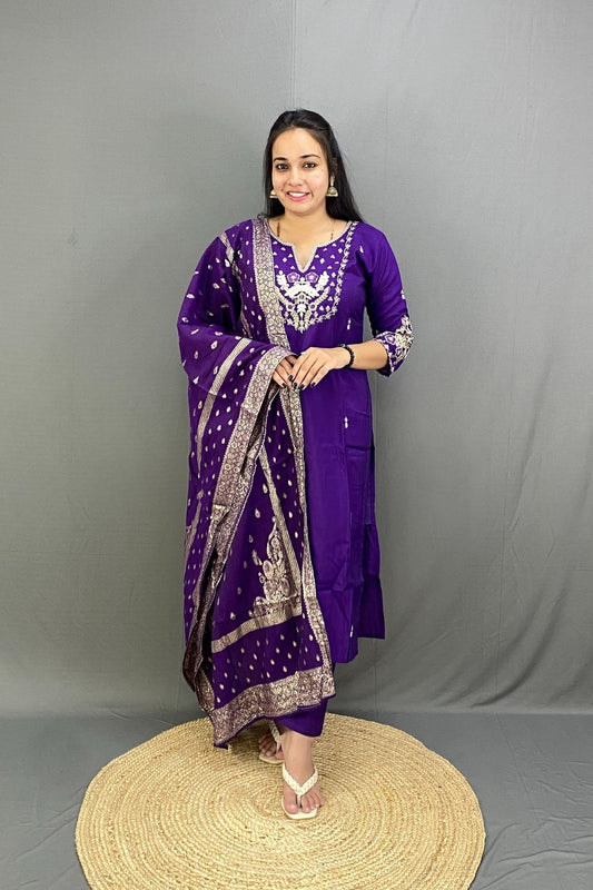 Roman Silk Kurti Set with Zari-Tikki Work over Neckline and Sleeves with Banarasi Style Dupatta