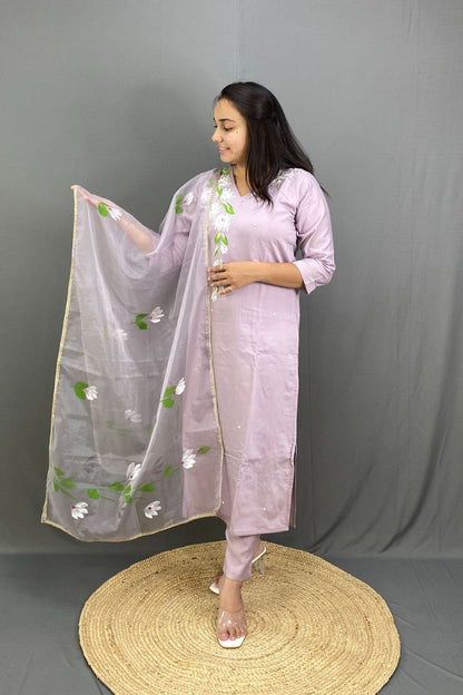 Roman Silk Kurti Pant Set with Elegant Organza Dupatta Perfect Festive Ethnic Wear