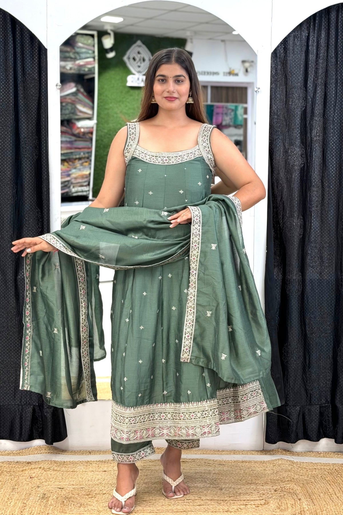 Roman Silk Sleeveless Anarkali Suit Set with Tikki Embroidery & Lace Dupatta