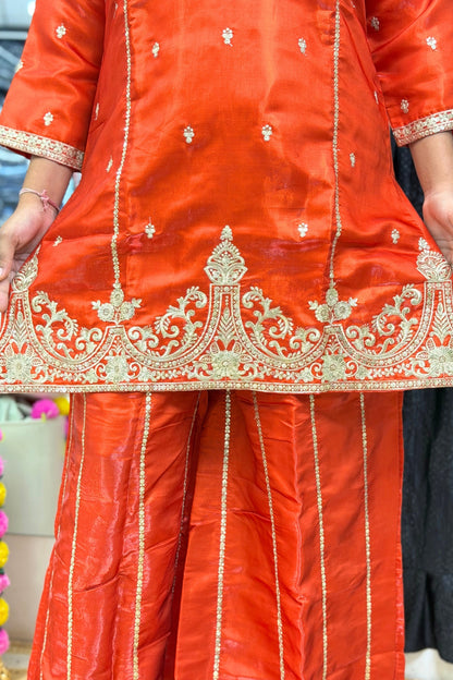 Roman Glass  Sharara Suit Set with Zari & Tikki Work and Organza Dupatta