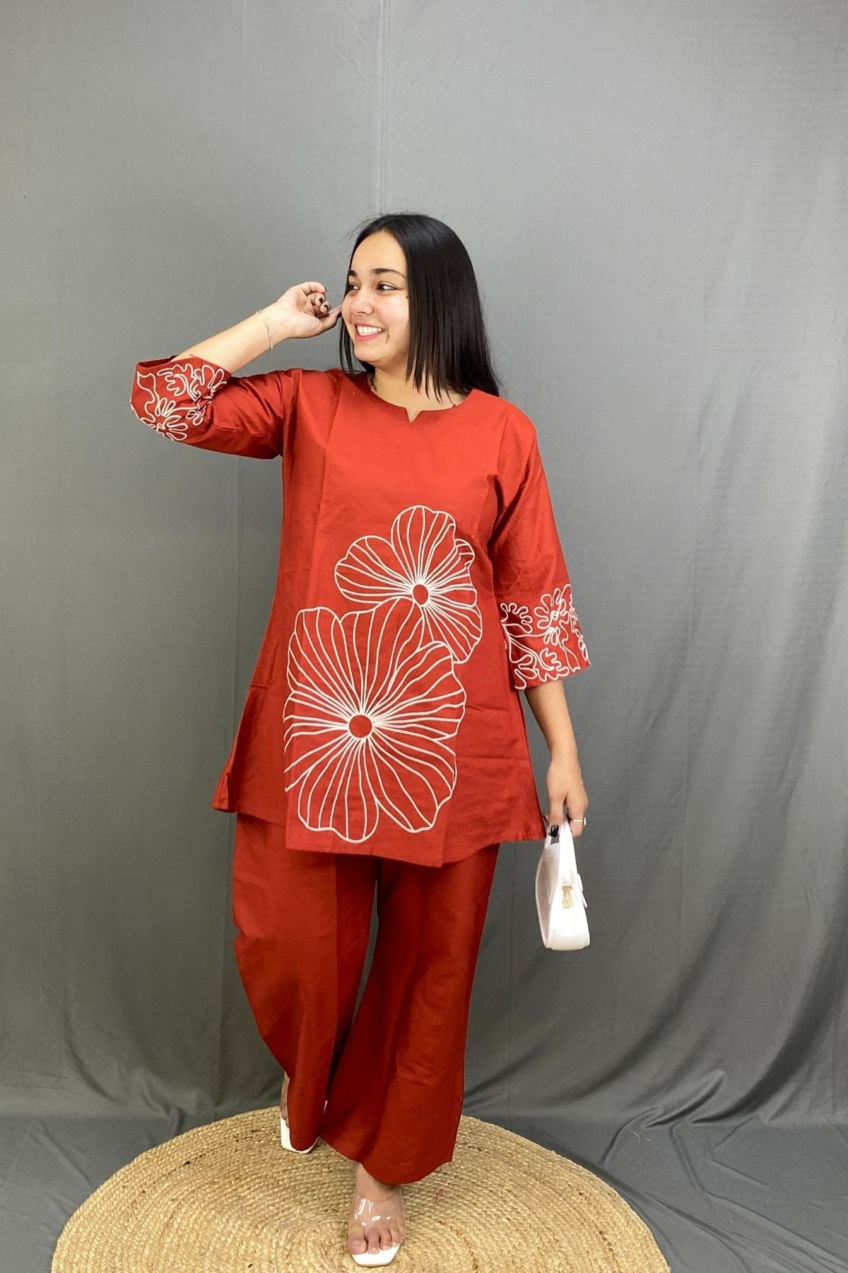 Premium Cotton Rust A-Line Co-ord Set with Elegant White Floral Embroidery