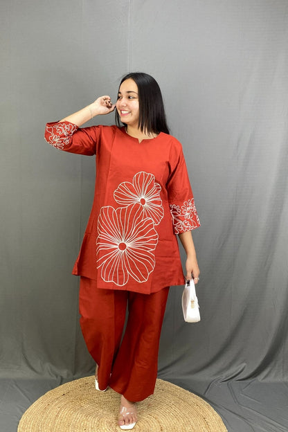 Premium Cotton Rust A-Line Co-ord Set with Elegant White Floral Embroidery