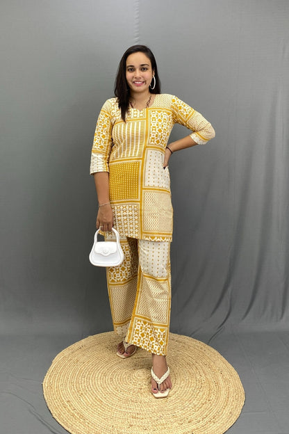 Printed Khadi Short Kurti Pant Co-ord Set, Natural Fabric Comfort for Smart Looks Everyday