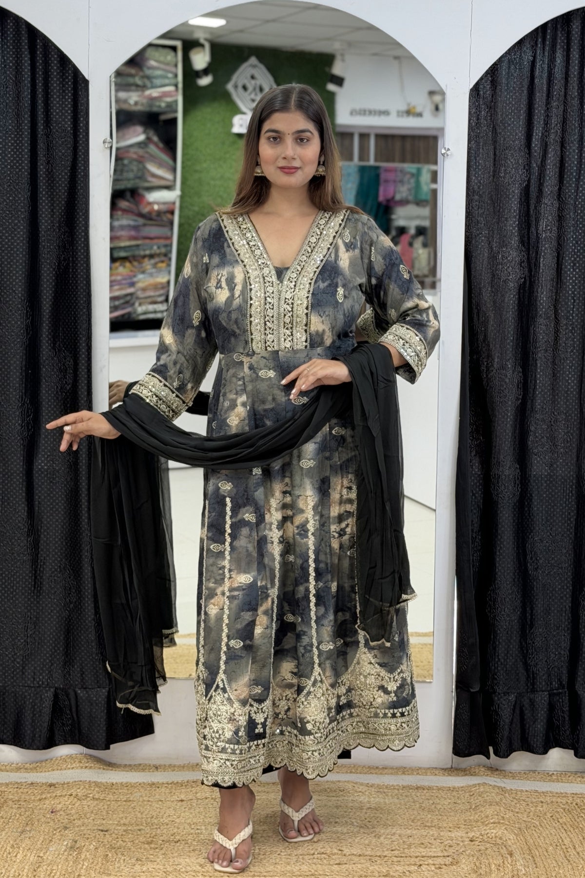 Heavy Rayon Tie-Dye Print V-Neck Full Ghera Anarkali Kurti Pant Set