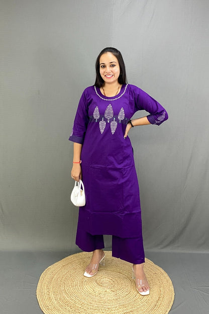 Deep Purple Pure Cotton Co-ord Set with front Embroidery and Block Print