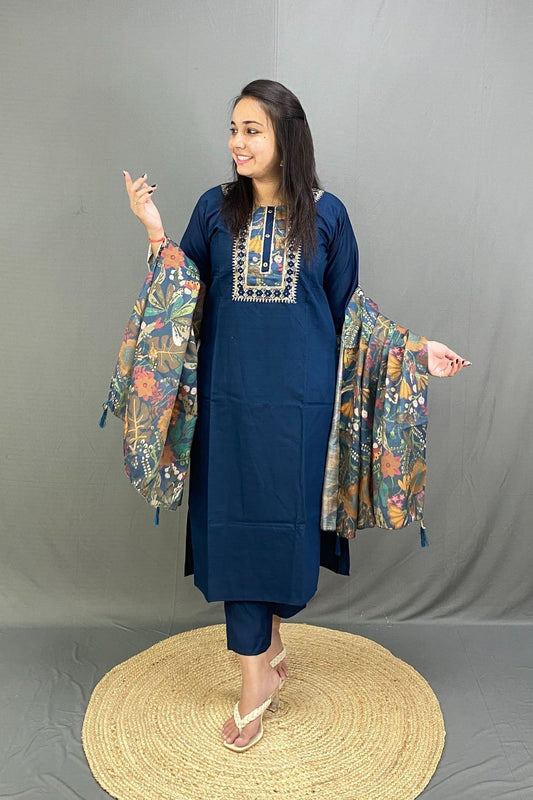 Roman Silk Kurti Pant Set with Beautiful Neck Embroidery and Silky Chiffon Floral Dupatta