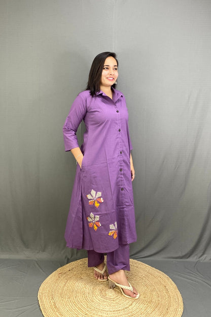 Purple Premium Cotton A-Line Kurti Plazo Co-ord Set with Side Pocket & Floral Embroidery