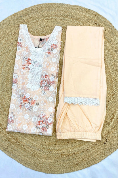 Flared Cream Rayon Cotton Kurti Pant Dupatta Set – Embroidered Festive Wear