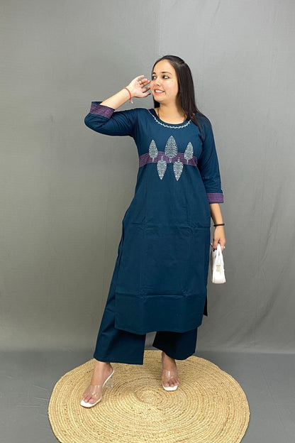 Deep Teal Blue Pure Cotton Co-ord Set with front Embroidery and Block Print