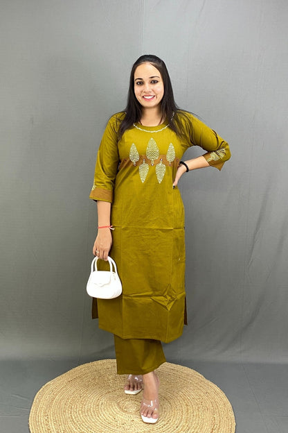 Mustard Yellow Pure Cotton Co-ord Set with front Embroidery and Block Print