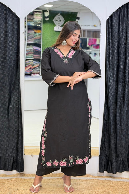 Pure Cotton V-Neck Kurta Palazzo Dupatta Set with Floral Thread Embroidery