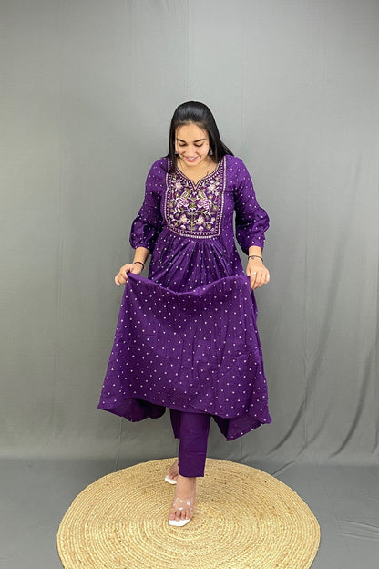 Purple Ghera Kurti Pant Set with Multicolor Peacock Embroidery & Mulmul Cotton Dupatta