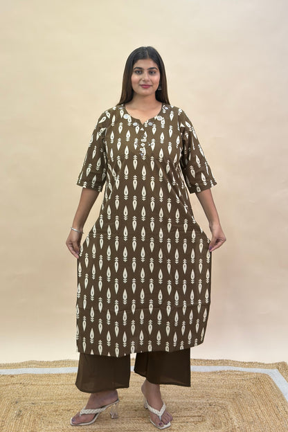 Premium Cotton Bagru Print Straight Kurti Set with Semi Palazzo & Mulmul Cotton Dupatta