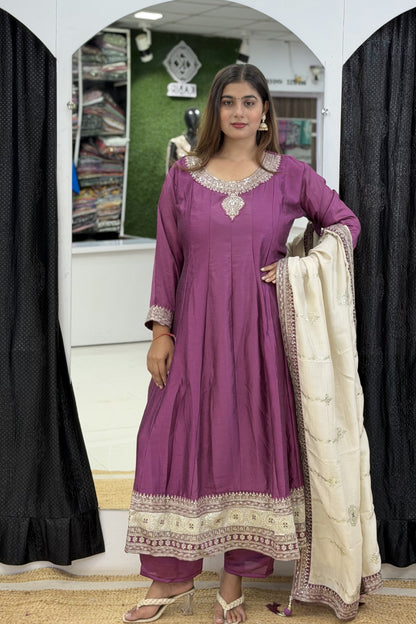 Roman Silk Full Flared Anarkali Suit Set with Zari & Sequin Embroidery Dupatta