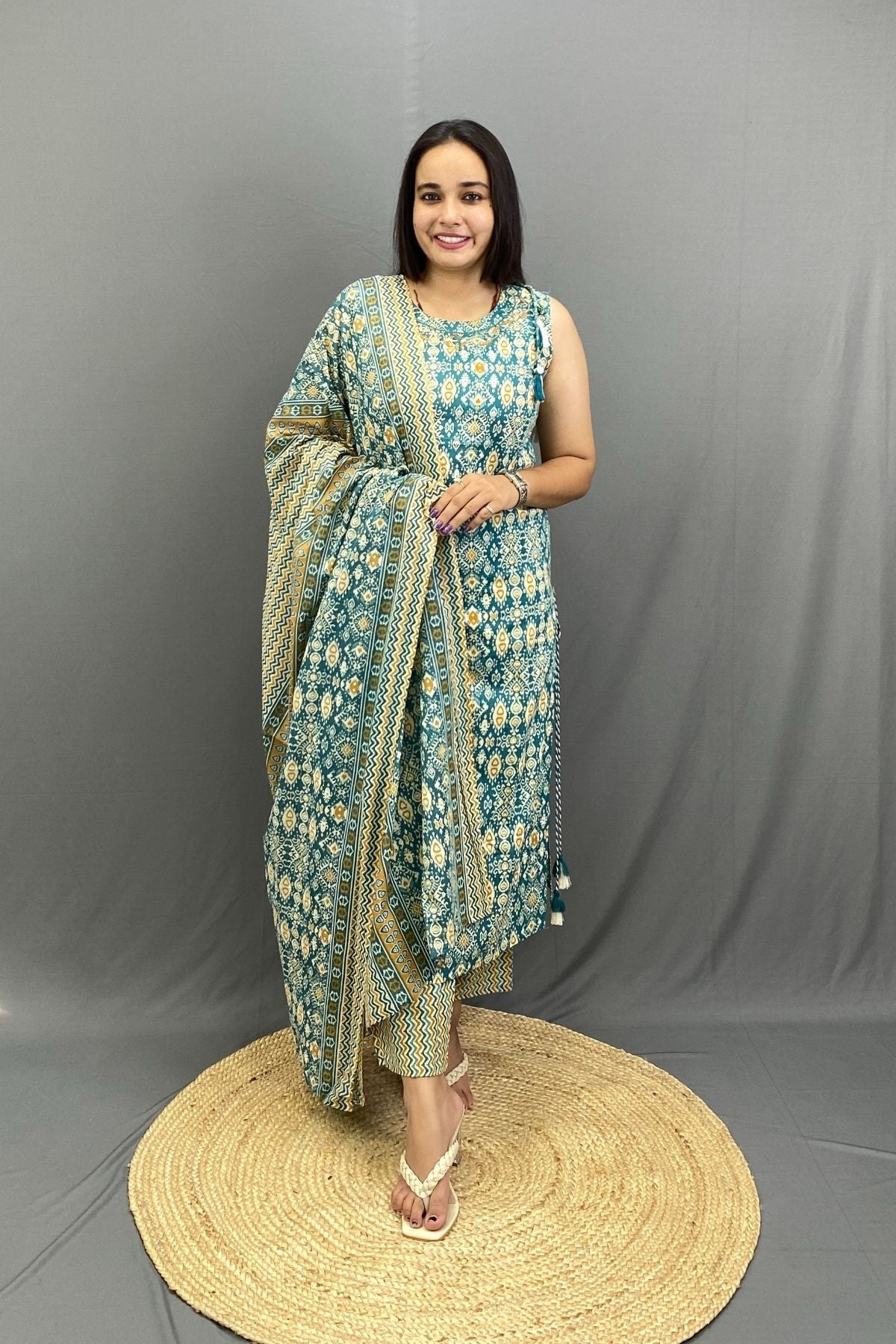 Cotton Kurti Pant Dupatta Set with Shoulder & Side Dori, Latkans, Sleeveless with Extra Sleeves
