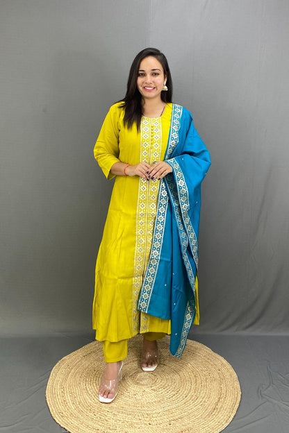 Sherwani-Inspired Premium Silk Kurti Pant Set with Contrast Banarasi Dupatta