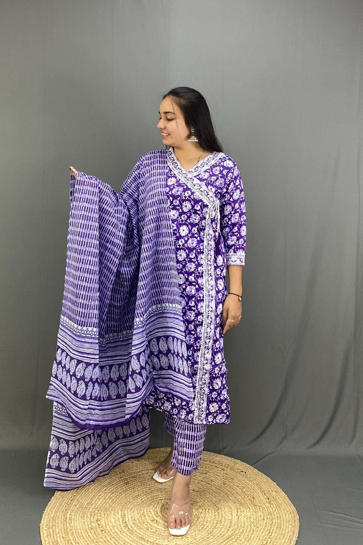 Ethnic Chic Look Angrakha Style Kurti Pant Set in Premium Cotton with Matching Dupatta