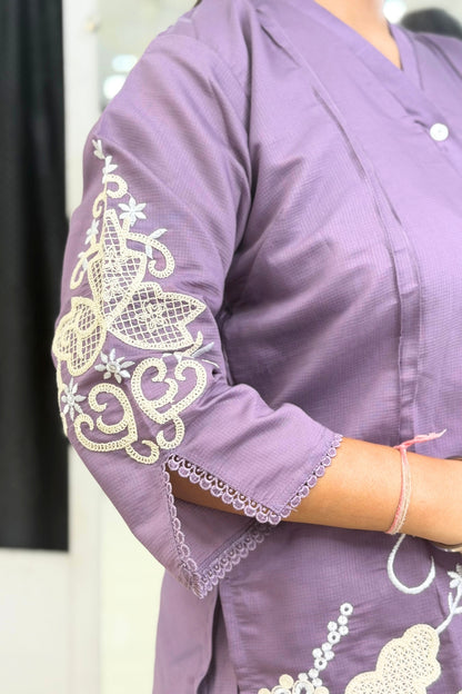 Cotton Flex Embroidered Short Tunic Trouser Cord Set with Heavy Thread Work