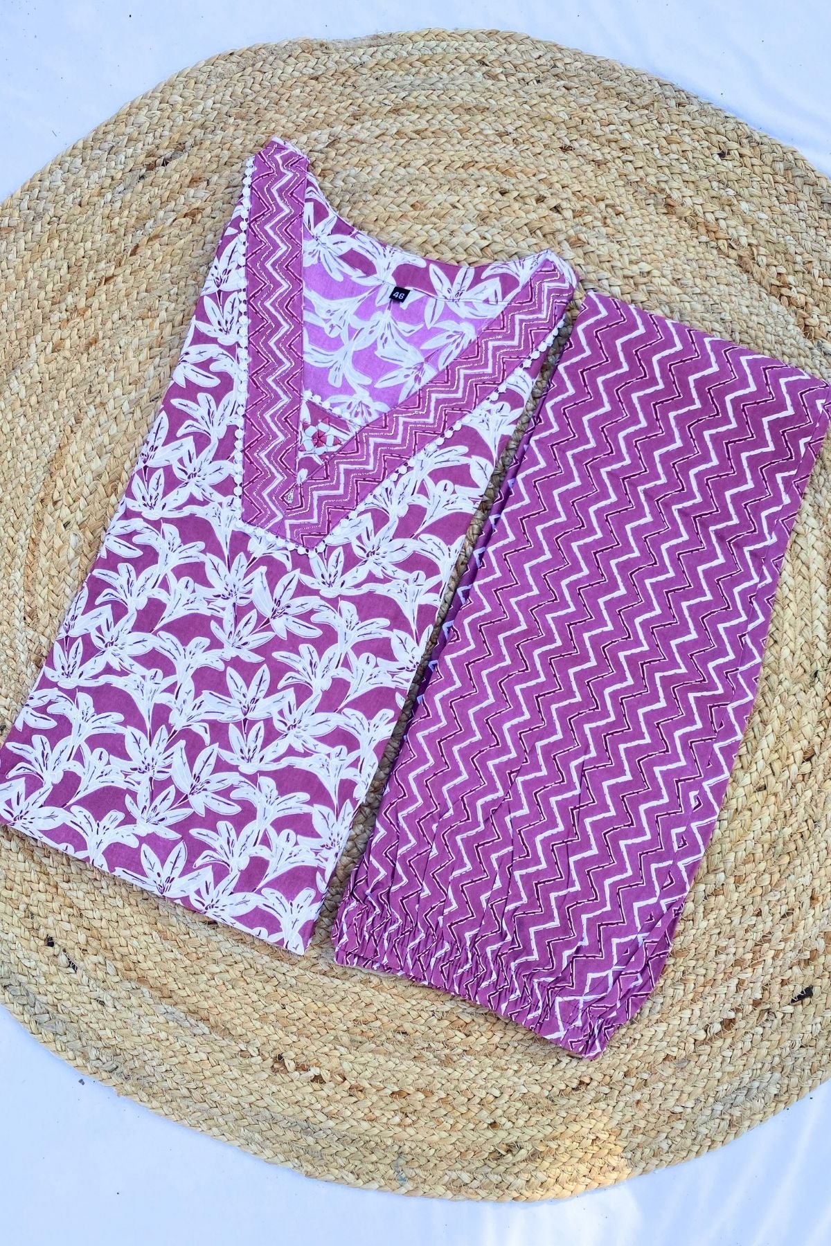 Plus Size Premium Cotton Pink Floral Print V-Neck Kurti Pant Set with & Dupatta
