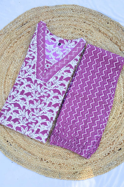 Plus Size Premium Cotton Pink Floral Print V-Neck Kurti Pant Set with & Dupatta